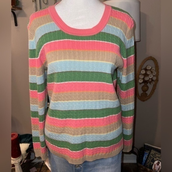 Liz Claiborne Sweaters - Liz Claiborne vintage pink green blue multicolored striped knit sweater Petite M